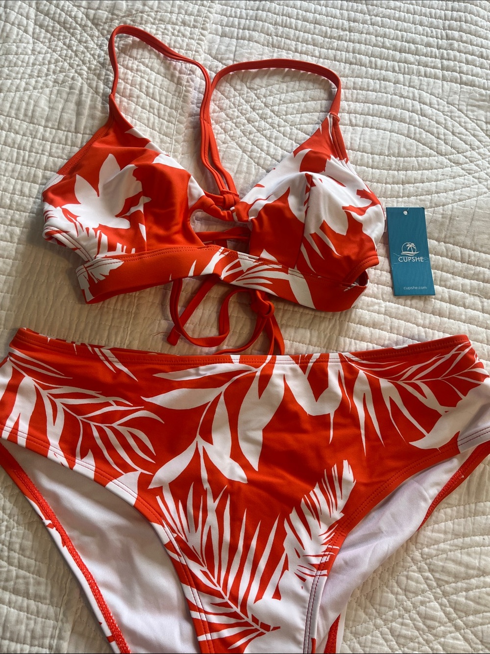 Cupshe Orange and White Tropical Leaf Bikini Set